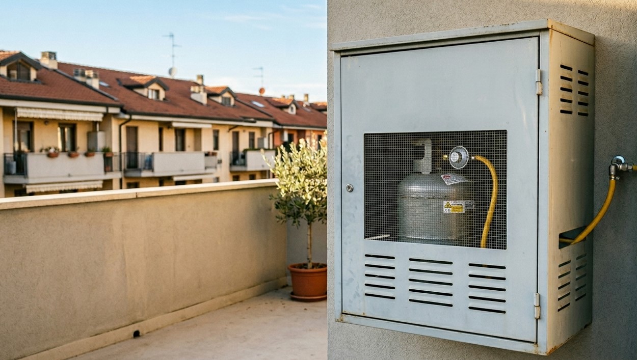 Armadio di sicurezza per bombola gas GPL sul balcone di un condominio conforme alla normativa UNI 7131.