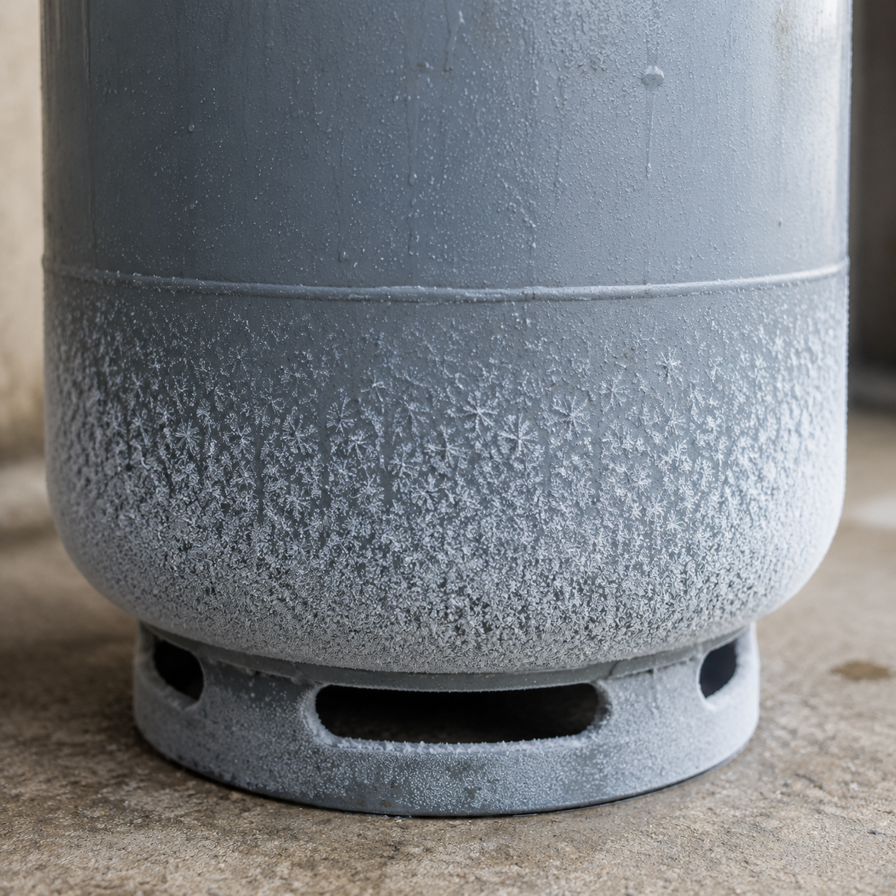 Bombola del gas ghiacciata con strato di brina bianca sulla parete metallica