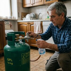 Test dell acqua e sapone con formazione di bolle per individuare perdita gas su valvola della bombola
